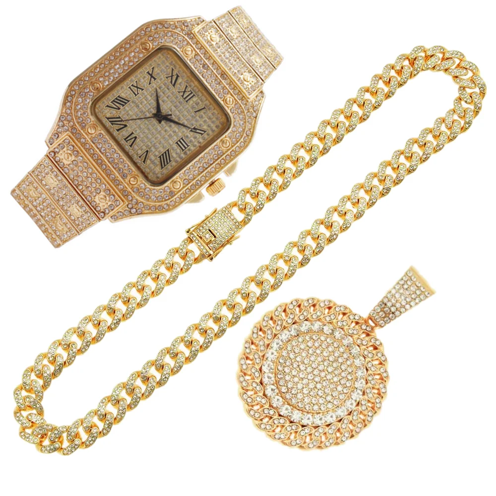 2pcs Iced Out Watches Necklace - Luxury Watch Miami review and price