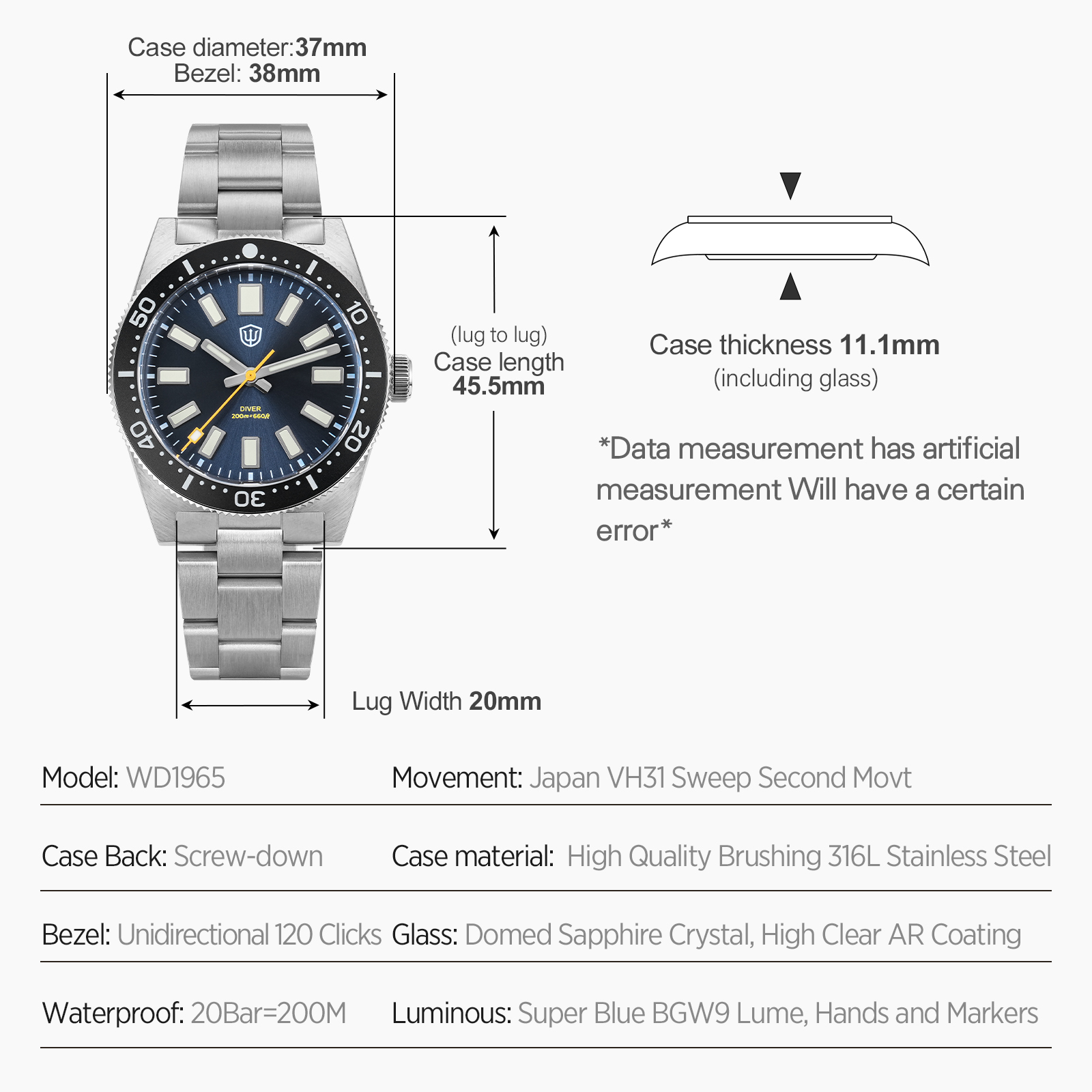 Watchdives 37Mm WD1965 V2 Man  - Luxury Watch Cheap review and price